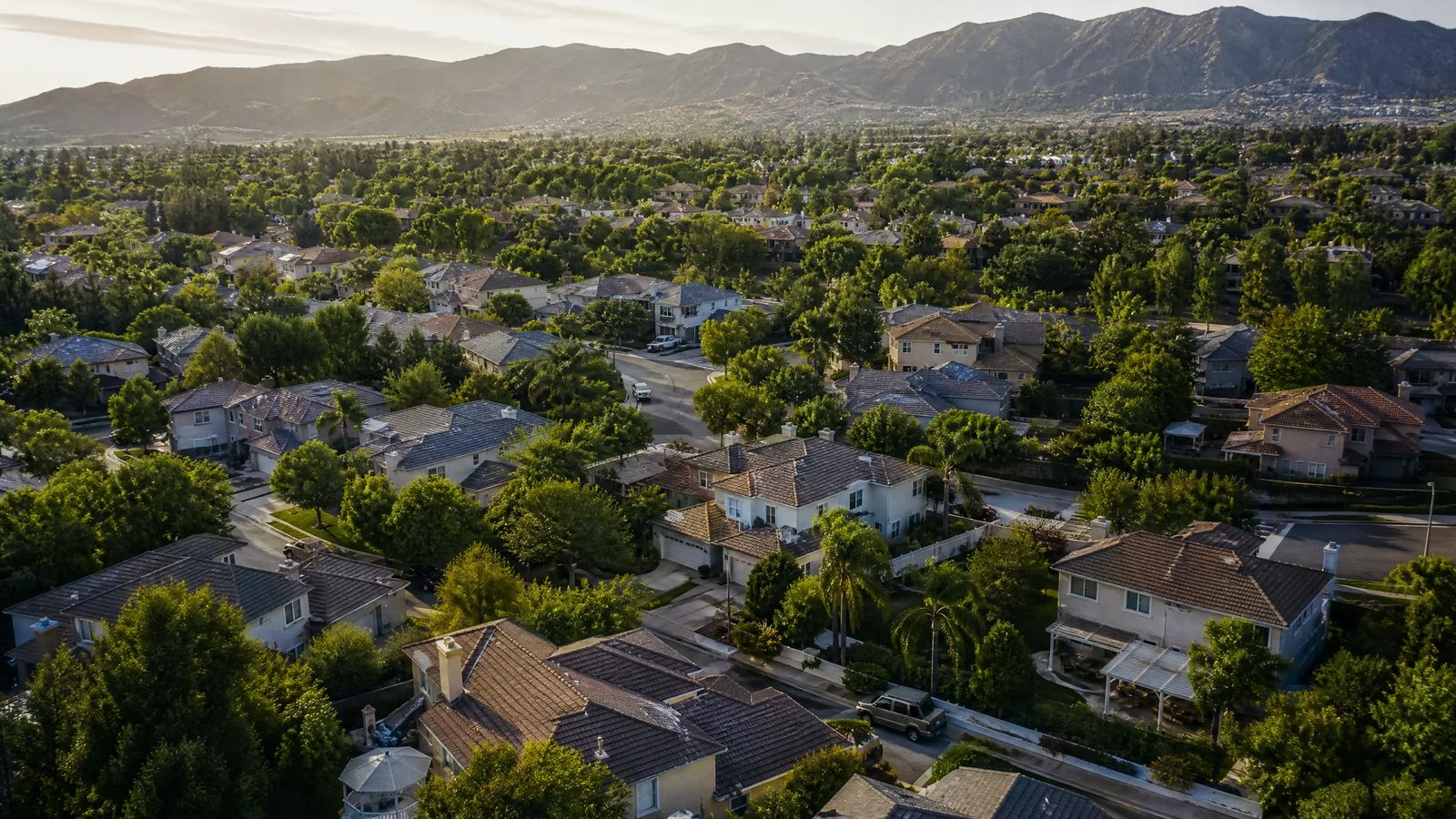 Aerial view of suburban rooftops in a Twin Cities neighborhood