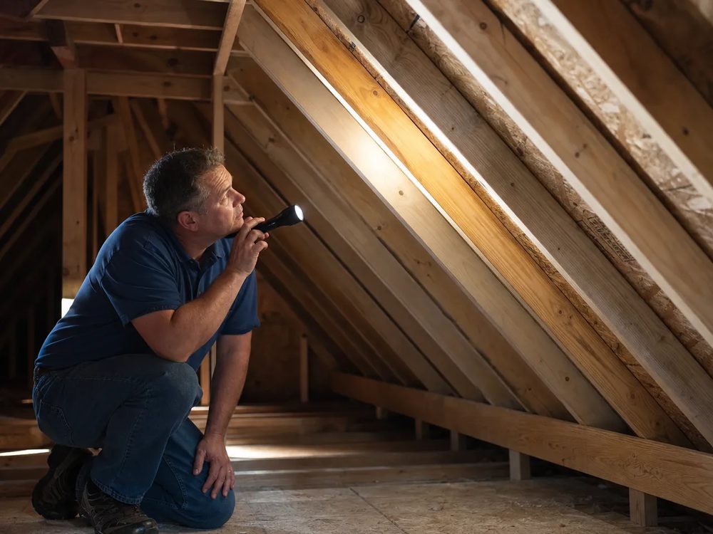 Inspector examining attic rafters with a flashlight