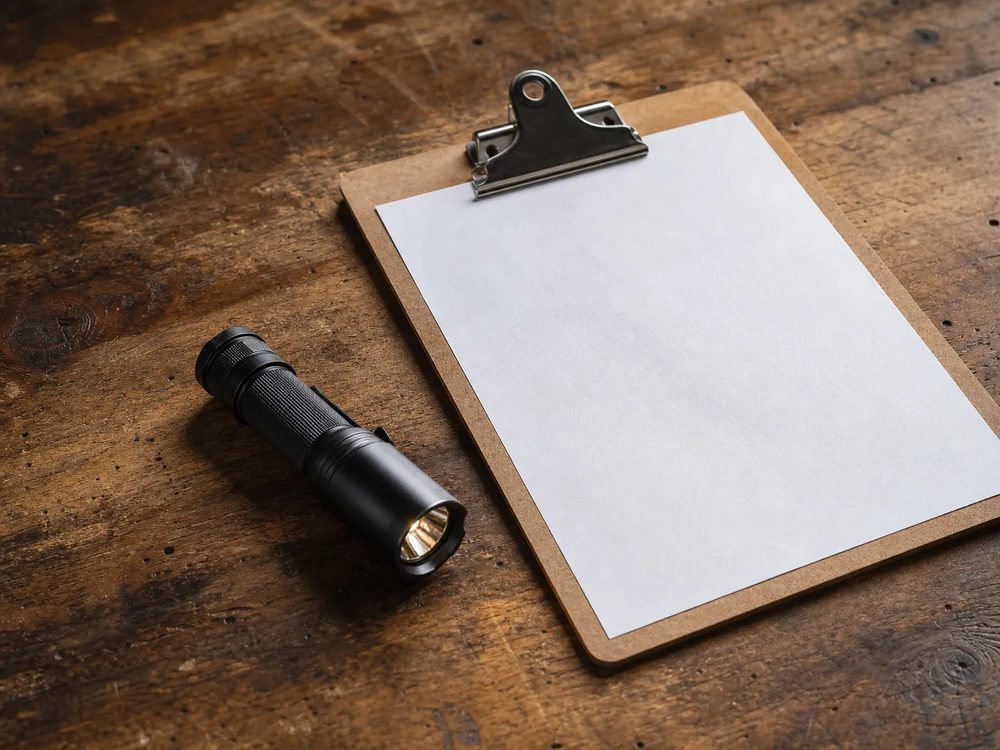 Inspection clipboard and flashlight on a workbench
