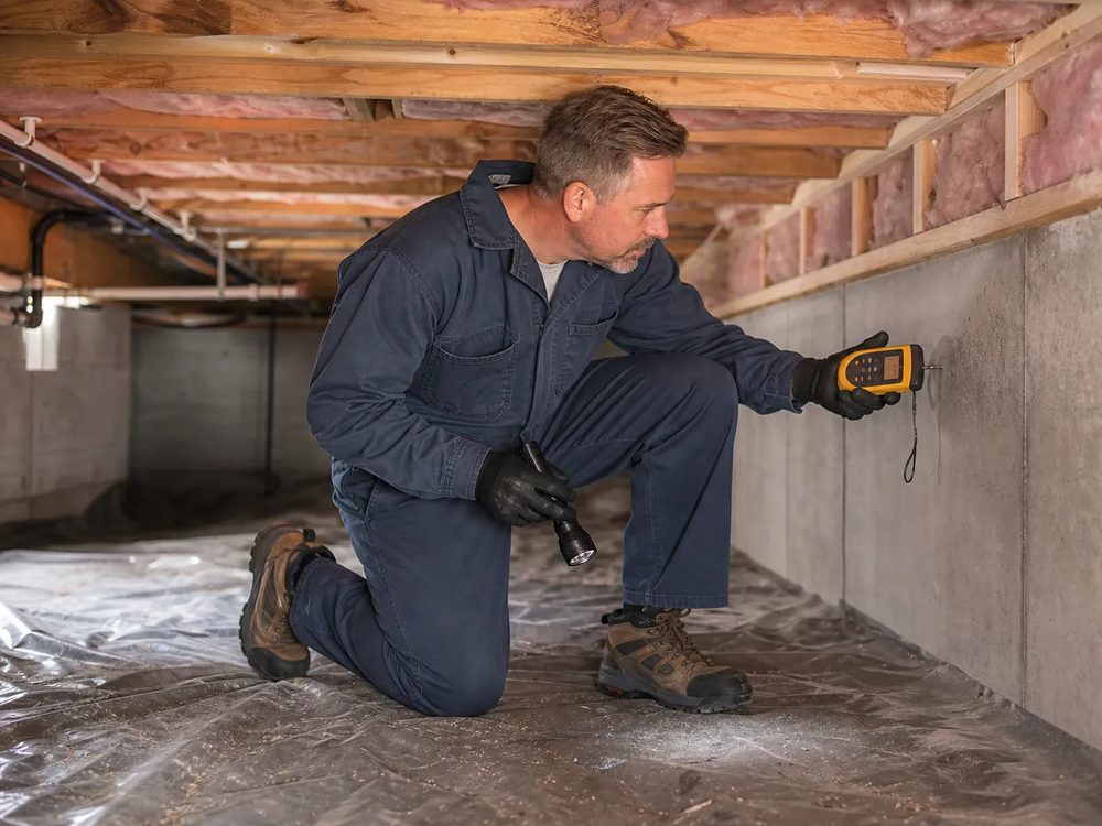 Inspector testing crawlspace framing with a moisture meter