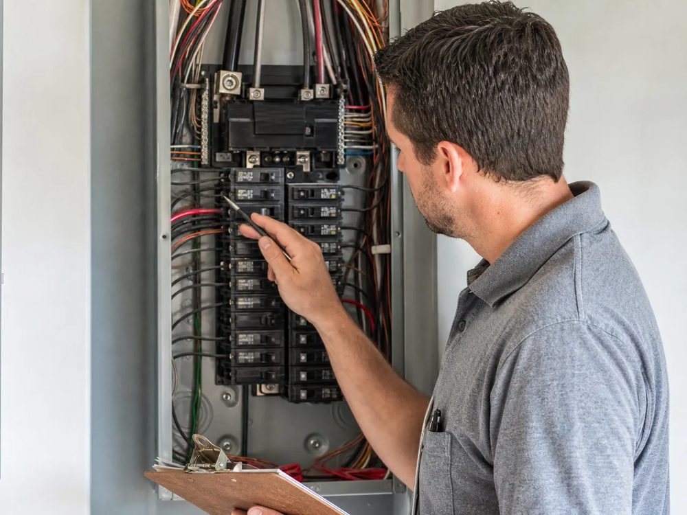 Home inspector checking breakers inside an electrical panel