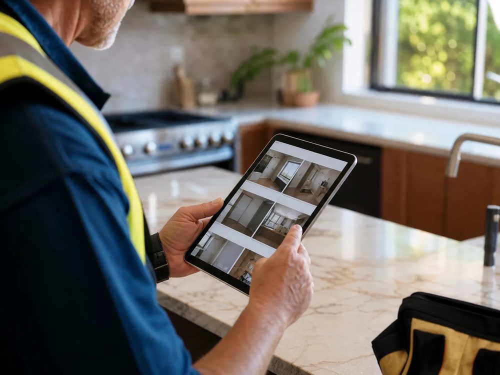 Tablet showing an inspection report on a kitchen counter