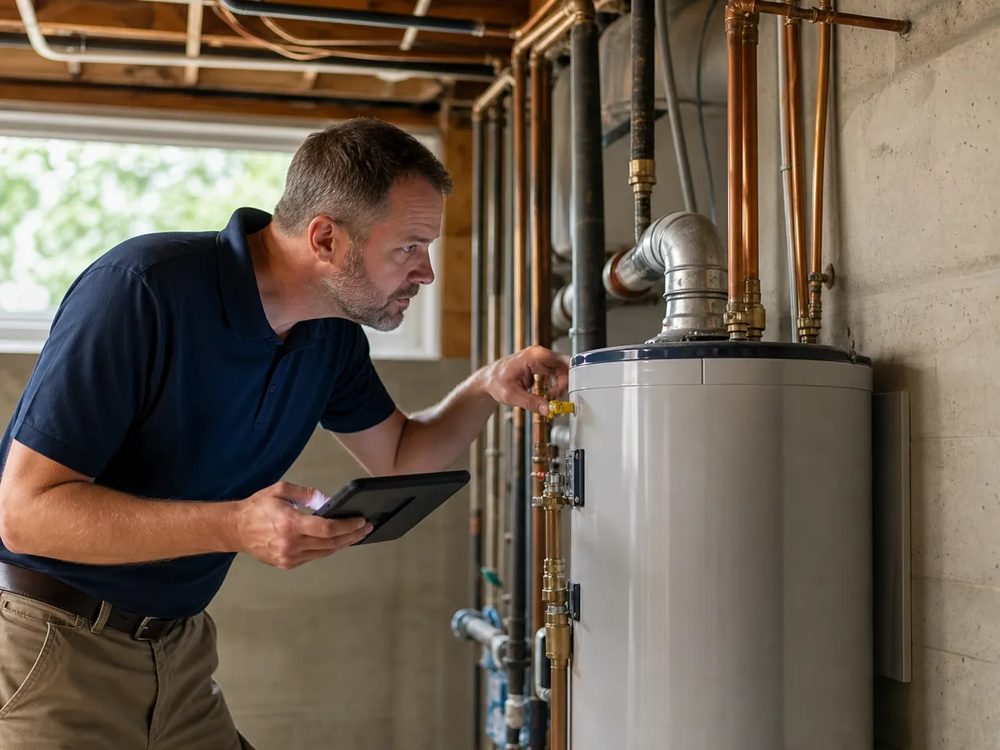 Inspector checking a basement water heater and its plumbing